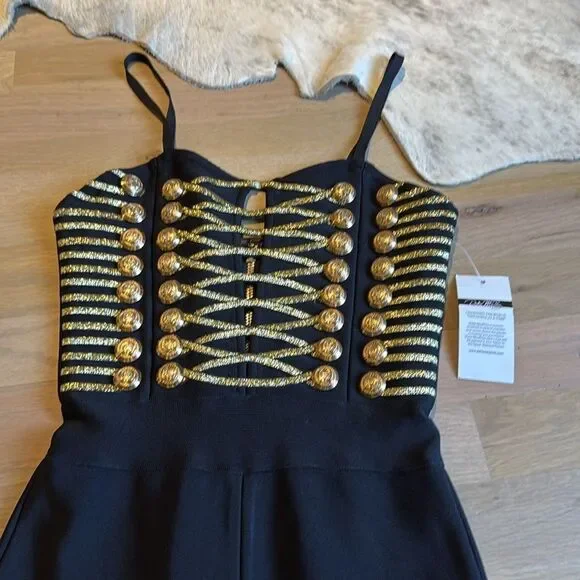 Dalia Macphee Black & Gold Bodycon Military Jumpsuit Size 2/4 Small NWT